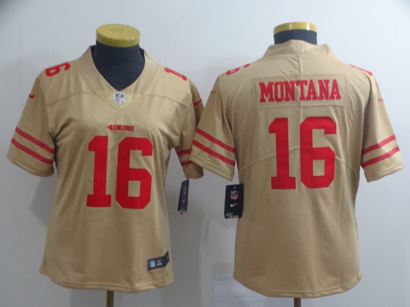 Women's NFL San Francisco 49ers #16 Joe Montana 2019 Gold Inverted Legend Stitched NFL Jersey(Runs Small)